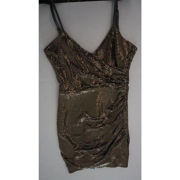 Cosmo Dress The Population Women's Sz S Gold Metallic XoXo Ruched Mini Dress - Picture 6 of 8